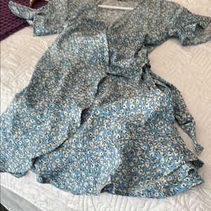 Blue and White Ruffled Wrap Dress